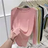 Camisa de proteção solar Lenzing Tencel de gola redonda e corte solto para mulheres, blusa de seda gelada tipo pulôver, camiseta de manga comprida, camada interna fina para ambientes com ar condicionado, seda gelada