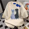 Camiseta Unisex de Algodón 100% Puro, Corte Holgado Adelgazante, Gris Claro, Cuello Redondo, Manga Corta, Dibujo Animado de Alta Gama, Verano, Top de Pareja de Moda