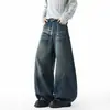 Calça jeans masculina de algodão lavado, com padrão de raio retrô americano, corte solto, perna reta, perna larga, comprimento até o chão, de importação.