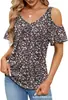 Roupas Femininas Transfronteiriças Europeias e Americanas 2025 Amazon Verão Novo Ombro a Ombro Estampado Decote V Manga Curta Solto Top Camiseta