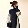 Vestido Feminino de Primavera Novo Estilo Japonês, Venda Quente Transfronteiriça, Cor Blocada, Gola Meia-Alta, Comprimento Médio, Cor Sólida, Manga Longa