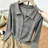 Suéter de Punto Hueco Estilo Coreano Lujo Ligero Francés para Mujer Principios de Otoño Delgado Alta Gama Textura Manga Larga Camisa Cárdigan Top Gris