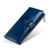 Carteira longa feminina de couro de cera de óleo de alta qualidade com vários porta-cartões, alça de couro genuíno, bolsa de moedas com zíper multifuncional, carteira de couro de vaca