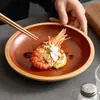 Platos de Cerámica Rojo-Marrón Rústico Hechos en Fábrica, Vajilla de Cerámica Vintage, Platos Planos, Vajilla de Alta Calidad Estilo Occidental