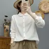 Otoño 2026 Tela con Adorno de Encaje Artístico y Fresco Botón de Colores Doble Capa Gasa de Algodón Manga Larga Blanca Blusa para Mujer