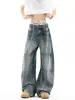 Jeans curvos con patrón de bambú lavado retro americano para hombre, pantalones de pierna ancha holgados de otoño, pantalones casuales rectos