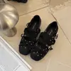 Sapatos Mary Jane Retro Francês de Bolinhas Tira Cruzada Laço Sola Macia Antiderrapante Fivela Única Salto Embutido Boca Rasa Sapatos Únicos