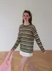 Cárdigan de Punto de Seda Helada de Color Contrastante Rayado, Prenda Exterior Superior para Mujer, Verano, Holgado, Sensación Perezosa, Camiseta Holgada de Manga Larga