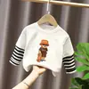 Camiseta Casual de Manga Larga Falsa de Dos Piezas Estilo Coreano para Niños Niños Algodón Puro Primavera/Otoño 2026 Cuello Redondo Holgado Rayas