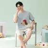 Pijama masculino de verão, algodão fino, gola redonda, manga curta, casual, simples, listrado, roupa para casa