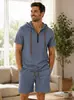 Conjunto de camisa de lino de manga corta para hombre transfronterizo, pantalón corto de trabajo tipo jersey con cuello, estilo vacacional de playa europeo y americano