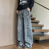 Calça Jeans Masculina de Barra Curva Estilo Americano Nova para Primavera e Outono Retro Lavada com Fenda Lateral Calça Larga da Moda Marca Jovem