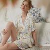 Nuevo Producto de Verano con Copas, Conjunto de Pijama Corto de Satén de Rayón para Mujer con Cuello Solapa Estampado que se Puede Usar Afuera