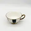 Juego de Taza y Platillo para Café Estilo Retro Blanco y Negro Rayado Estilo Europeo con Borde Dorado para Hogar y Oficina Taza para Desayuno Leche Taza de Café