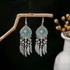 Pendientes Bohemios Azules de Turquesa Estilo Étnico Europeos y Americanos, Pendientes de Borla de Metal Plateado Imitación, Joyería de Borla Vintage para Orejas al por Mayor