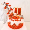 Decoração de bolo de aniversário com galho de Flor de Ameixa Vermelha Grande, topo de bolo com avô e avó, decoração de aniversário estilo chinês