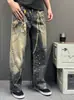 Jeans de Mezclilla con Estampado de Cadena Estilo Americano de Marca de Moda para Hombre, Verano Vintage Lavados Casuales de Pierna Recta Moda de Calle Pantalones Curvos