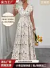 Vestido Largo Floral de Manga Corta con Escote en V Cruzado, Dobladillo Acampanado, Cintura Elástica, Estampado Festivo, Vestido de Playa de Longitud al Suelo