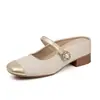 Sapatos Femininos com Salto Oculto de 6cm, Bico Quadrado Dourado, Tamanho 32, Design Raso de Calçar, Color-Blocking, Solado Macio, Meia-Mule Mary Jane