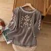 277 # Camisa de algodón y lino con bordado pesado de manga tres cuartos para mujer, verano, corte holgado, adelgazante, jersey de cuello redondo, top de lino elegante