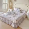Lençol de Elástico Fresco Pastoral Saia de Cama Duas em Um Peça Única Acolchoada Universal Quatro Estações com Colcha Franzida Conjunto de Três Peças