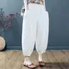 Calças Bloomers Femininas de Algodão e Linho 100% Verão Novas Calças de Nove Pontos Literárias Casuais de Perna Larga com Amarração Versáteis Calças Harem