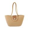 Bolso Cubo de Algodón Bolso de Mujer de Moda Simple de un Solo Hombro Bolso Tejido de Cuerda de Algodón Bolso Bandolera con Tapa Abatible y Hebilla de Perla Bolso de Paja