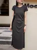 26 Estilo Nuevo Primavera y Verano Cintura Ceñida Ajustado Cuello Redondo Casual Elegante Fruncido Irregular Vestido Camiseta para Mujer 22788