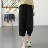 Pantalones de verano finos cropped para mujer talla grande, pantalones tipo harén adelgazantes para chicas talla grande, pantalones casuales blancos de pierna ancha de algodón y lino de cintura alta