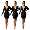 D9196 Venda quente na Amazon moda casual feminina europeia e americana cor sólida decote V profundo franja de strass vestido de manga longa