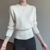 Suéter de punto 100% lana para mujer, estilo minimalista, cuello redondo, con diseño de cintura ajustada para crear un efecto adelgazante, nueva colección otoño/invierno, suéter de punto tipo pullover y capa base con forro polar.