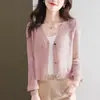 Cardigan de Tricô Vazado Transfronteiriço para o Verão, Design Fino Curto Bordado para Mulheres Baixas, Xale Elegante para Proteção Solar