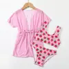 Traje de baño Nuevo de Verano 2024 para Niños Tres Piezas Moda Estampado Dividido para Niños Grandes Traje de Baño Protector Solar para Mujer