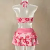 Regata de gola halter sem mangas estilo europeu e americano com saia de babados plissada em camada dupla, conjunto casual slim-fit para férias