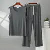 Conjunto casual suelto para casa de verano para hombre, chaleco fino sin mangas de modal talla grande con bolsillos, pantalones de pierna ancha, cómodo
