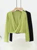 Top de punto cropped de manga larga con cuello en V cruzado para principios de otoño, cintura alta, diseño cruzado en la cintura, para mujeres petite