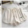 Pantalones Cortos Bordados con Letra Tipo Waffle para Mujer Verano Cintura Alta Elásticos Pierna Ancha Sueltos Casuales Deportivos Elásticos Mujer