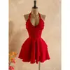 Vestido mini casual de verano para mujer, color liso, cuello halter, sin espalda, dobladillo asimétrico