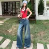 2026 Jeans Retrô Cross Americano|Design com Cintura Elástica e Punhos|Jeans Feminino de Perna Larga Reta Solto Estilo Novo Yi Chun