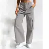 Pantalones de trabajo de pierna ancha de cintura media-alta transfronterizos para mujer, pantalones largos rectos de algodón lavado multibolsillo, pantalones holgados adelgazantes de largo hasta el suelo