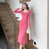 Vestido de Punto Cuello Cuadrado Nuevo Estilo Coreano Transfronterizo 2025 para Mujer, Adelgazante de Cintura, Ajustado a las Caderas, Falda Francesa de Cola de Pez