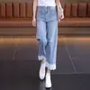 Calça Jeans Cropped Wide Leg com Renda para Mulheres, Verão Cintura Alta Emagrecimento Caimento Solto Petite Reta Casual, Fina