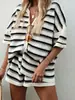 Conjunto de Shorts de Malha Colorido em Blocos e Listrado de Manga Curta para Mulheres 25 Novidades Primavera/Verão Amazon Europeia e Americana Transfronteiriça