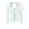 Elegante Camisa Sexy de Estilo Francés Cuadrada con Mangas Abullonadas, Espalda Descubierta con Atado, Corte Ajustado y Bordes Fruncidos para Mujer