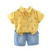Conjunto de dos piezas de camisa y pantalones cortos vaqueros informales para niños, traje de manga corta con estampado de dibujos animados, novedad de verano de 2025