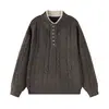 Suéter Mu Qiu Ropa de Hombre Medio Cremallera Falso Dos Piezas Cuello Henley Trenzado Hilo Grueso Suelto Cálido