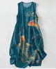 Vestido Casual de Algodão Puro com Estampa Digital Nova, Gola Redonda, Sem Mangas, Comprimento Médio, Para Mulheres, Verão na Praia