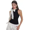 Macacão Sexy Feminino de Verão Europeu e Americano, Cor Contrastante, Sem Mangas, Gola Alta Curta, Pulôver com Laço, Atacado Transfronteiriço