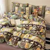 Juego de cama de cuatro piezas para dormitorio de otoño e invierno, tela de algodón cepillado engrosada, con funda de edredón con estampado retro infantil y sábana bajera de algodón puro