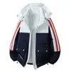 Talla europea cruzada se puede personalizar color exterior bloques de color rayado acolchado de algodón ropa hombres invierno con capucha holgada acolchado de algodón chaqueta pan abrigo hombres